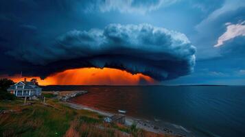 Dramatic Sunset Storm Clouds Over Coastal House and Ocean photo