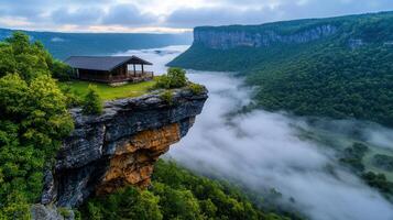 Mountaintop Cabin Overlooking Misty Valley Breathtaking Scenic View photo