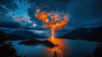 Dramatic Lightning Strike over Mountain Lake at Dusk Fiery Cloudscape photo