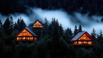Three Illuminated Cozy Cabins nestled in a Misty Mountain Forest at Dusk photo