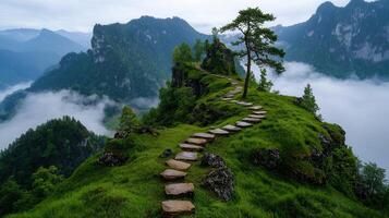 Serene Mountaintop Stone Path Misty Peaks Green Grass Tranquil Nature Scene photo