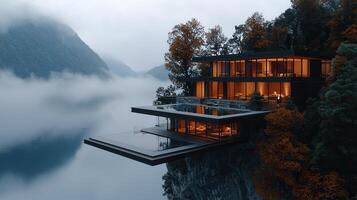 Luxurious Modern Cliffside Home with Infinity Pool and Mountain View at Dusk photo