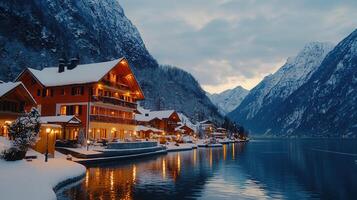 Idyllic Snow Covered Alpine Village at Dusk Mountain Lake Reflection photo