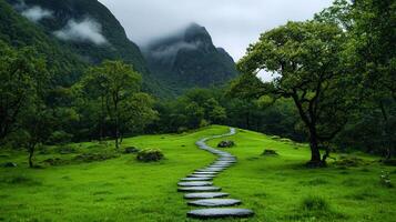 Serene Stone Pathway Winding Through Lush Green Meadow and Mountains photo