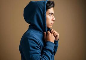 A young man in a blue hoodie photo