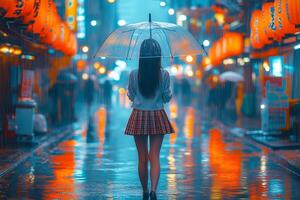 A woman walking in the rain with an umbrella photo