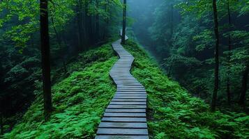 Serpentine Wooden Path Winding Through Lush Green Forest Misty Atmosphere photo