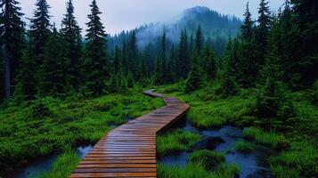 Serene Wooden Boardwalk Trail Winding Through Lush Evergreen Forest photo