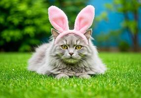 A cat wearing bunny ears on the grass photo