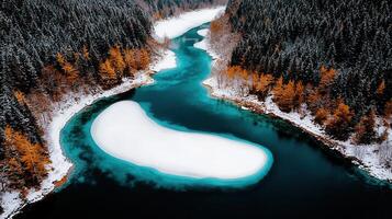 Aerial View of Turquoise River with Frozen Island in Snowy Winter Forest photo