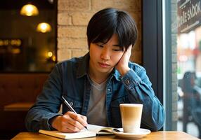 A young man is writing in a notebook while sitting at a table photo