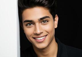 A young man with a black shirt and white teeth photo