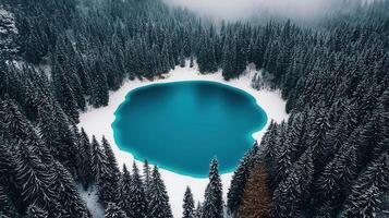 Aerial View of Turquoise Alpine Lake Surrounded by Snow Covered Coniferous Forest in Winter photo