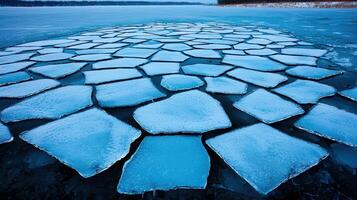 Stunning Aerial View of Frozen Lake with Cracked Ice Surface Winter Landscape photo