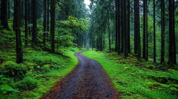 Serpentine Forest Path Lush Green Moss Tranquil Nature Scene Winding Trail photo