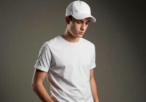 A man in a white t - shirt and cap photo