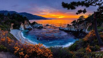 Stunning Ocean Sunset Landscape Dramatic Coastal Cliffs Golden Hour Beach Scene photo