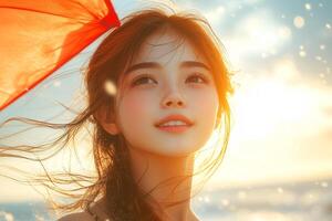 A beautiful woman with an umbrella in the wind photo
