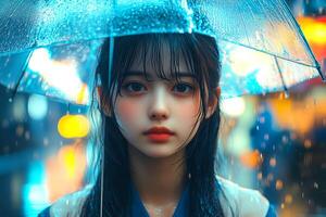 A beautiful girl with an umbrella in the rain photo