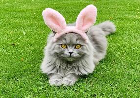 A gray cat wearing bunny ears on the grass photo