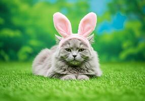A cat wearing bunny ears on the grass photo