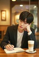 Young man in suit sitting at table with pen and coffee photo