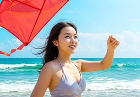 A woman holding a kite on the beach photo