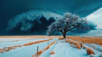 Dramatic Winter Landscape Frosty Tree under a Dark Ominous Sky Snow Covered Field photo