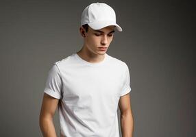 Young man in white t - shirt and cap photo