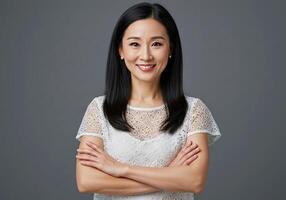 Portrait of asian woman smiling with arms crossed photo