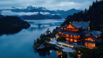 Luxurious Lakeside Villa at Dusk Mountain View Asian Architecture photo