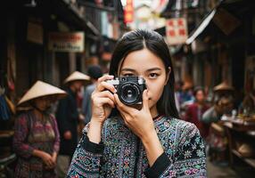 A woman taking a photo with an old camera