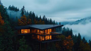 Modern Mountaintop House at Dusk Illuminated Windows Forest View photo