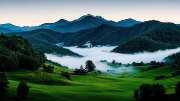 Serene Mountain Valley Landscape Misty Hills Green Meadows and Cabin photo