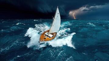 Sailboat Navigating Stormy Ocean Waves and Lightning Dramatic Seascape photo