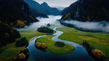Serene River Winding Through Misty Mountain Valley Landscape Photography photo