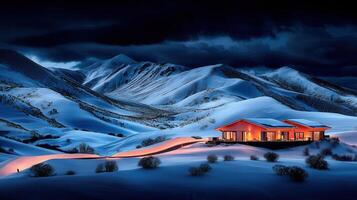 Illuminated Mountain Cabin Retreat Winter Night Snowscape Landscape photo