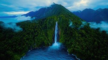 Majestic Waterfall Cascading into a Fjord Surrounded by Lush Green Mountains and Mist photo