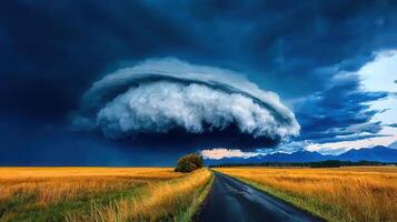 Dramatic Storm Clouds over Golden Wheat Field and Rural Road photo