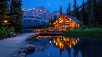 Illuminated Lakeside Log Cabin at Dusk Mountain View Tranquil Setting photo