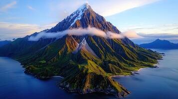 Majestic Coastal Mountain Peak with Clouds Dramatic Ocean View Aerial Landscape photo