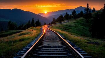 Scenic Railroad Tracks Winding Through Mountain Landscape at Sunset photo
