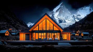 Luxurious Mountain Cabin at Night with Stunning Snow Capped Peak View photo
