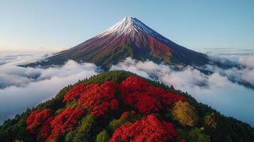 Majestic Mount Fuji in Autumn Panoramic View with Vibrant Red Trees and Clouds photo
