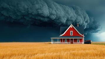 Red Farmhouse in Golden Wheat Field Under Dramatic Storm Cloudscape photo