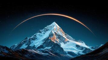 Majestic Snow Capped Mountain Peak with Night Sky and Meteor Trail photo