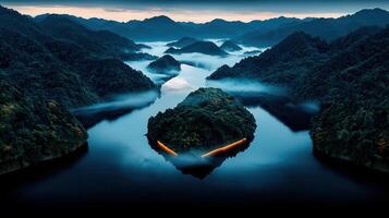 Serene Island Lake at Dawn Misty Mountains Tranquil Waters Scenic Landscape photo