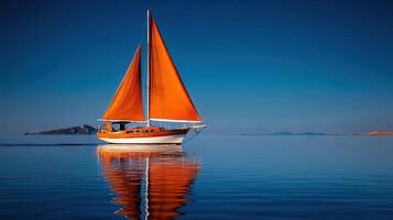 Serene Sailing Yacht with Orange Sails on Calm Ocean Waters photo
