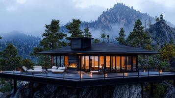 Modern Mountaintop Cabin with Deck Panoramic View Evening Lighting photo