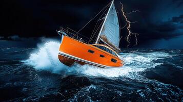 Orange sailboat navigating stormy ocean waves dramatic lightning storm nautical adventure photo